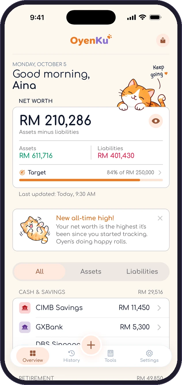 The OyenKu Overview screen: net worth RM 210,286, assets and liabilities, progress to a target, and accounts grouped under Cash & Savings