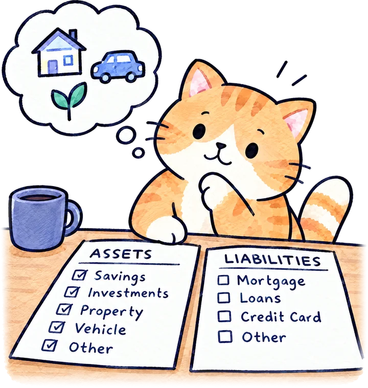 Oyen si kucing oren menyusun syiling dan wang kertas