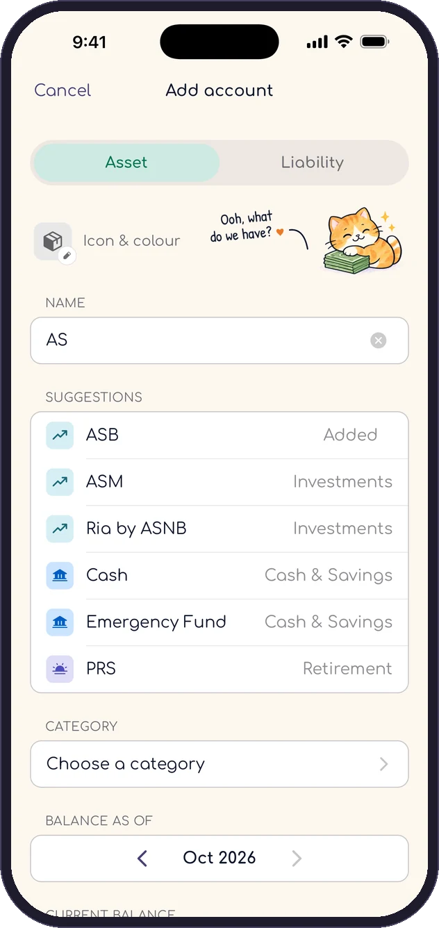 The OyenKu Add account screen: Malaysian suggestions such as ASB, ASM, Cash, Emergency Fund and PRS as you type