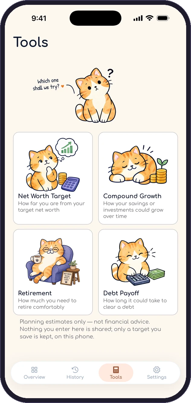 The OyenKu Tools screen: four calculators — Net Worth Target, Compound Growth, Retirement and Debt Payoff