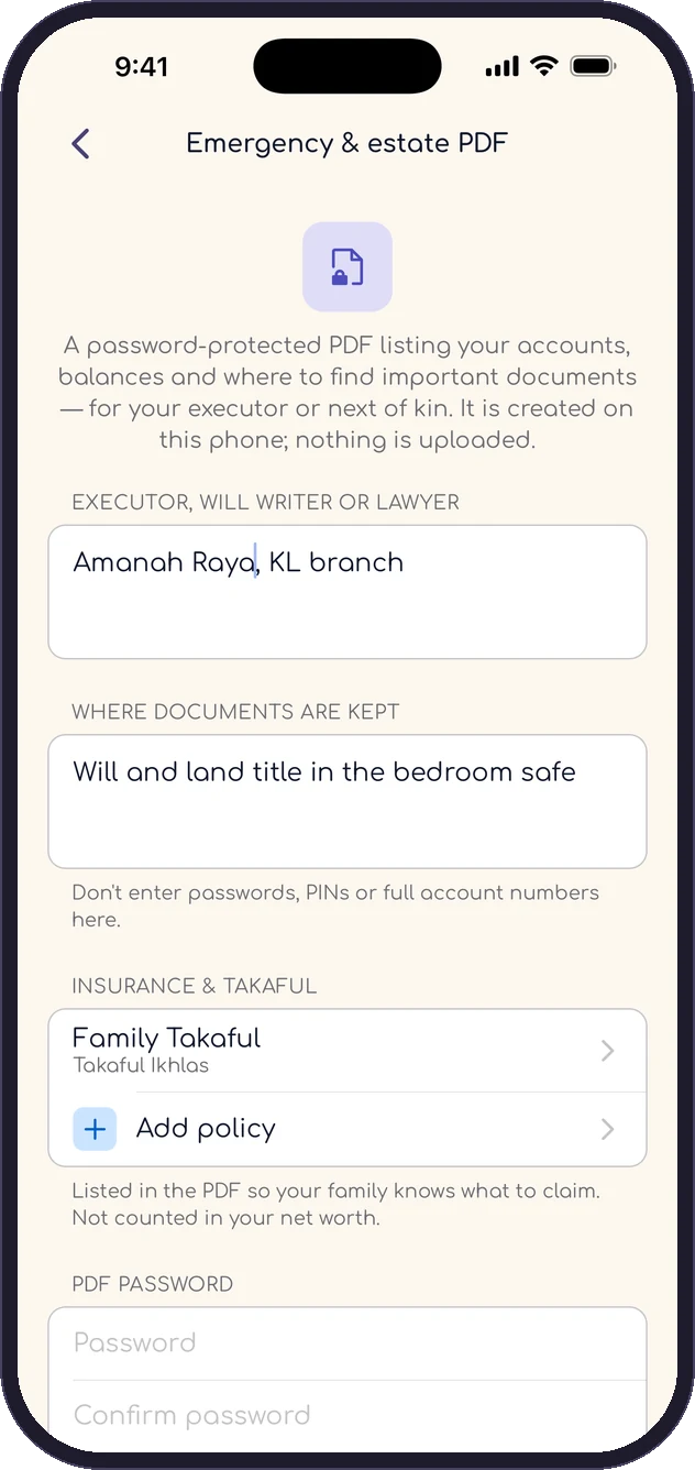 The OyenKu Emergency & estate PDF screen: executor, will writer or lawyer, where documents are kept, insurance and takaful policies, and a password for the PDF